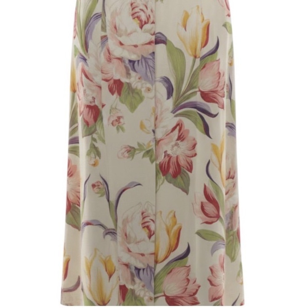 Adrienne Vittadini Vintage 100% Silk Floral Maxi Skirt Button Front Cream 4